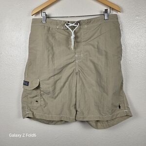 Polo Ralph Lauren Men’s Tan Nylon Mesh Lined Cargo‎ Swim Trunks Size Large Logo
